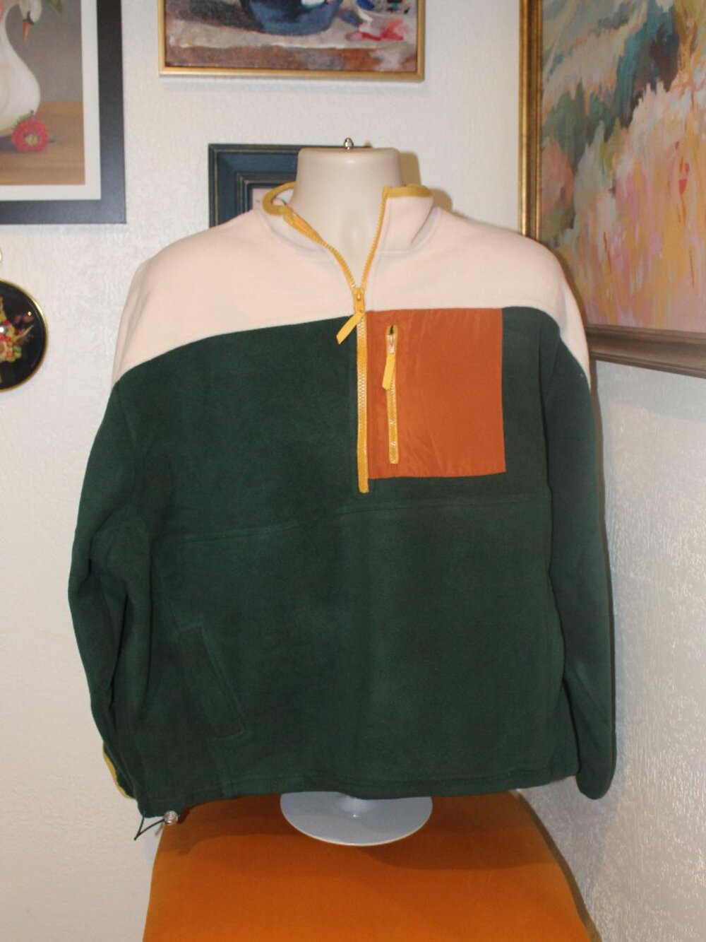 In Loom Colorblock Fleece Quarter Zip Pullover Green Cream Orange M